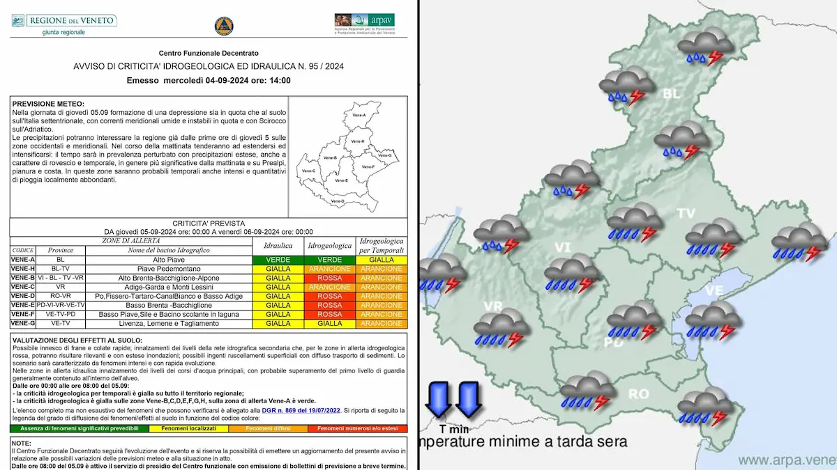 Allerta meteo rossa e arancione in Veneto