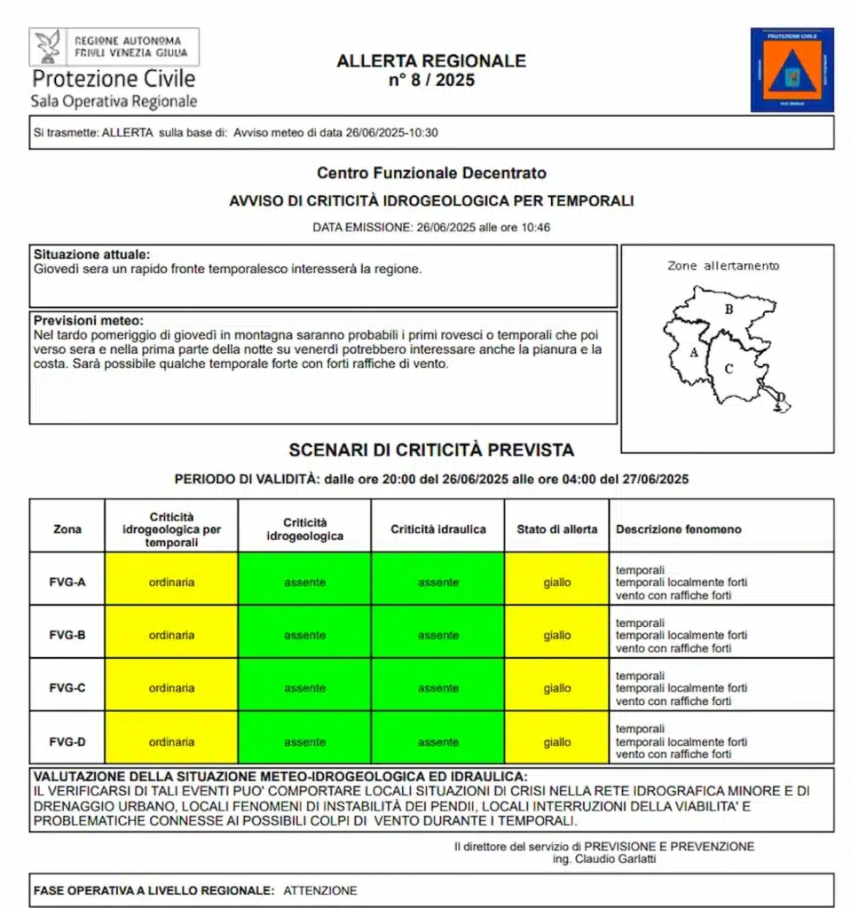 Zone interessate e livello di criticità